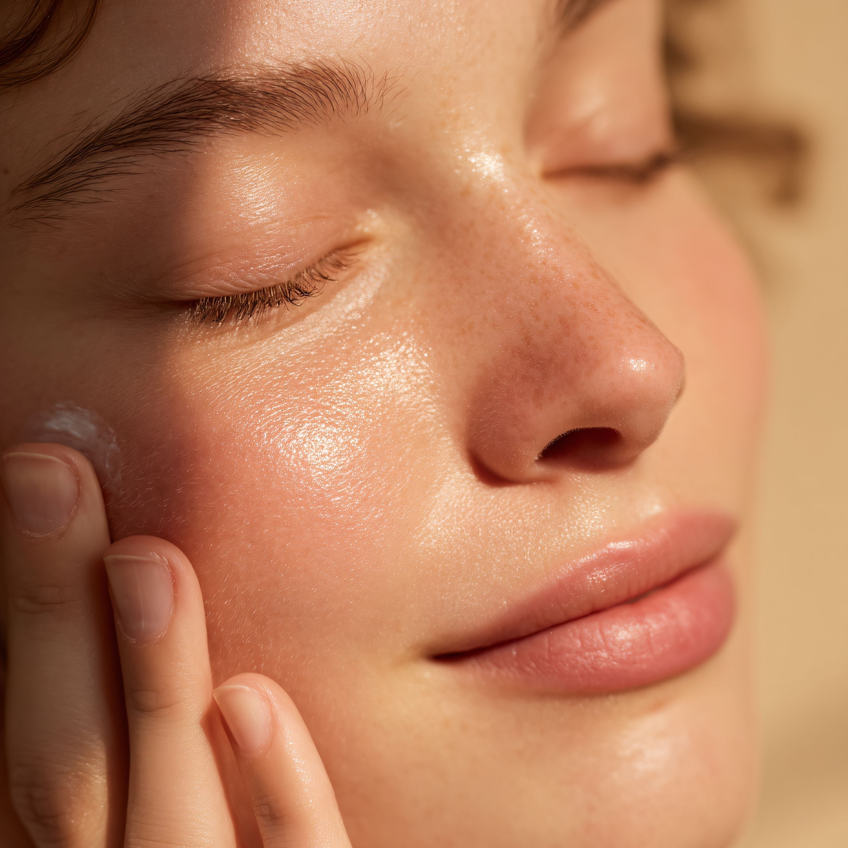 Application d’un soin hydratant sur une peau lumineuse. Applying moisturizer to glowing skin.