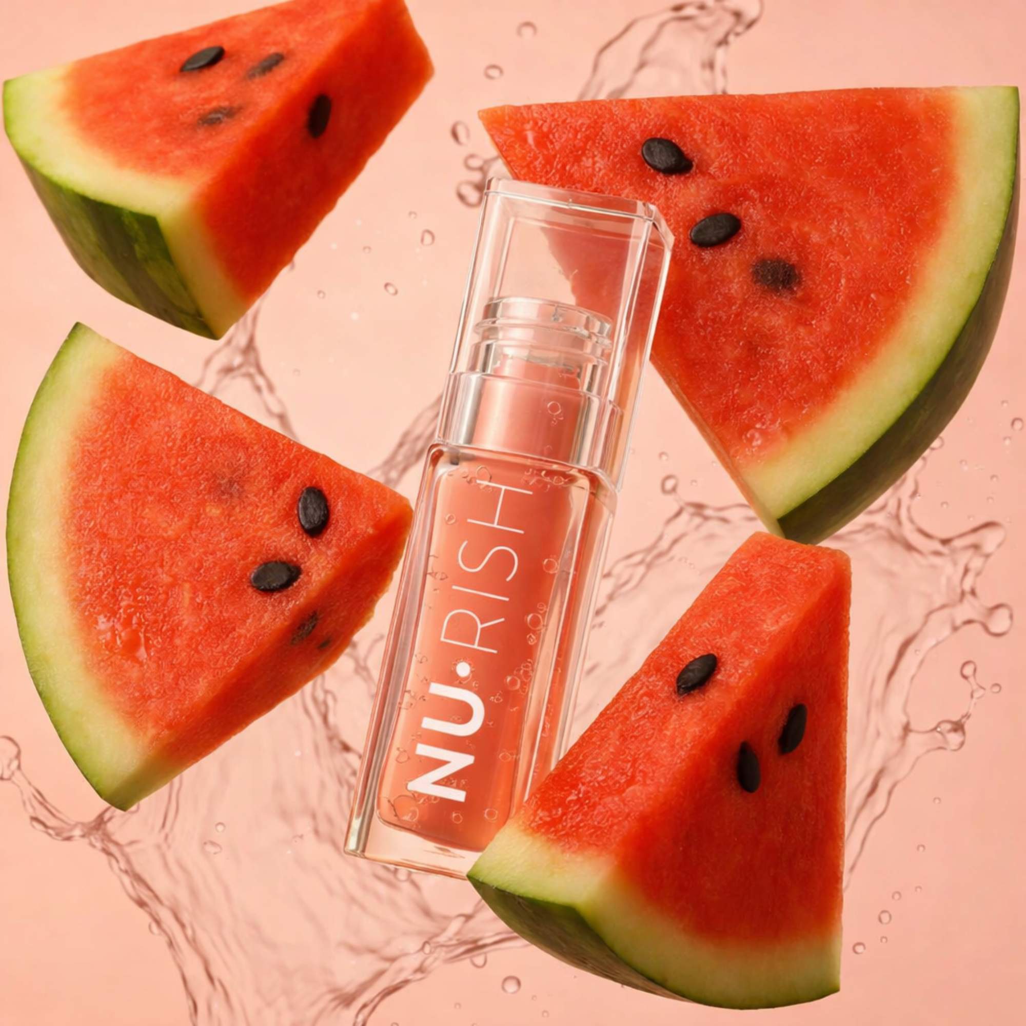 Huile à lèvres NU•RISH entourée de tranches de pastèque sur fond clair. NU•RISH lip oil surrounded by slices of watermelon on a light background.
