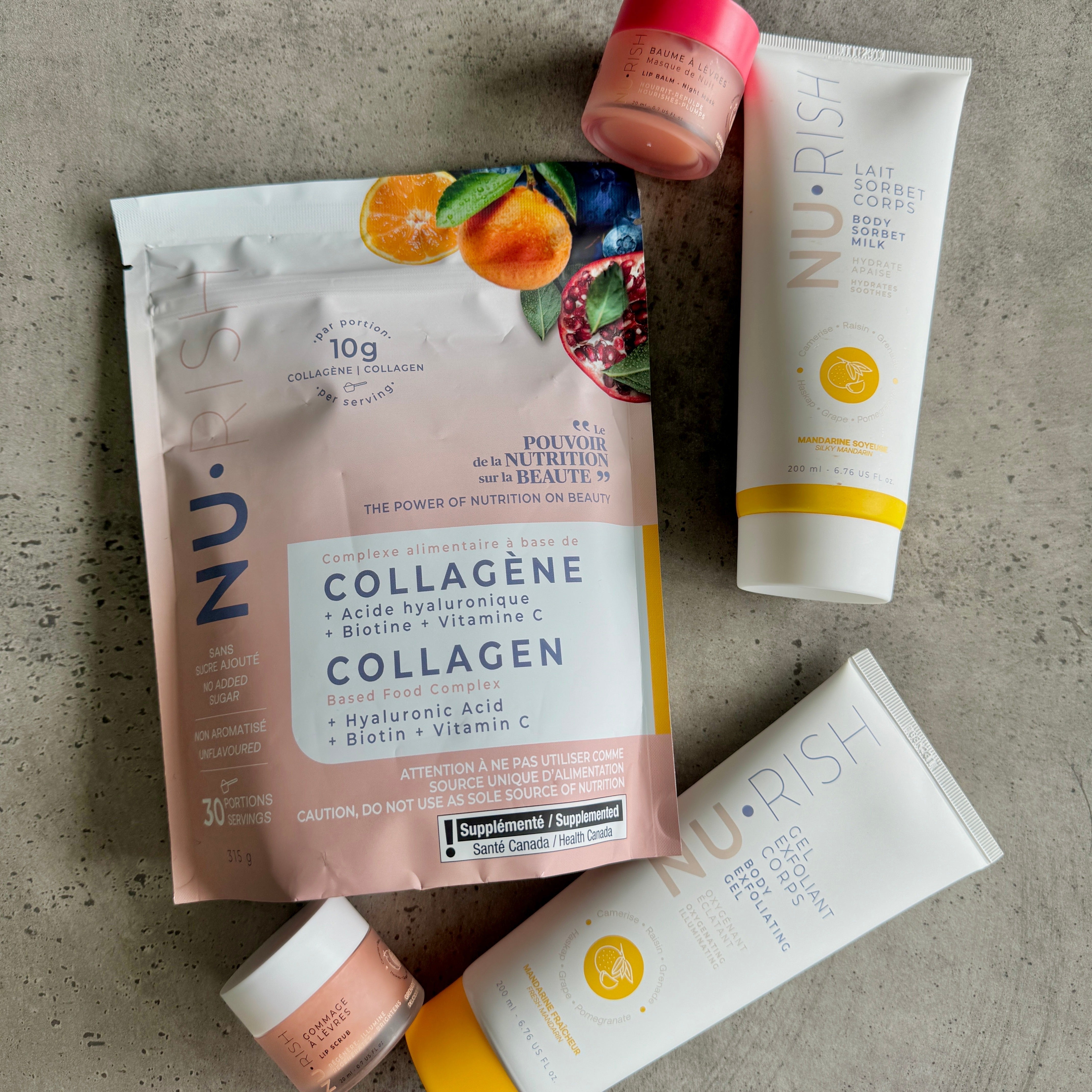 Produits NU•RISH combinant collagène en poudre et soins corporels.