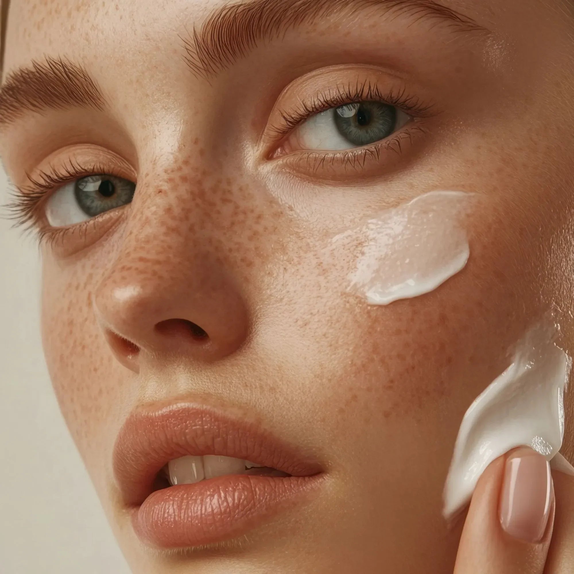 Image d'une femme qui s'applique de la crème hydratante sur le visage. Image of a woman applying moisturizer to her face.
