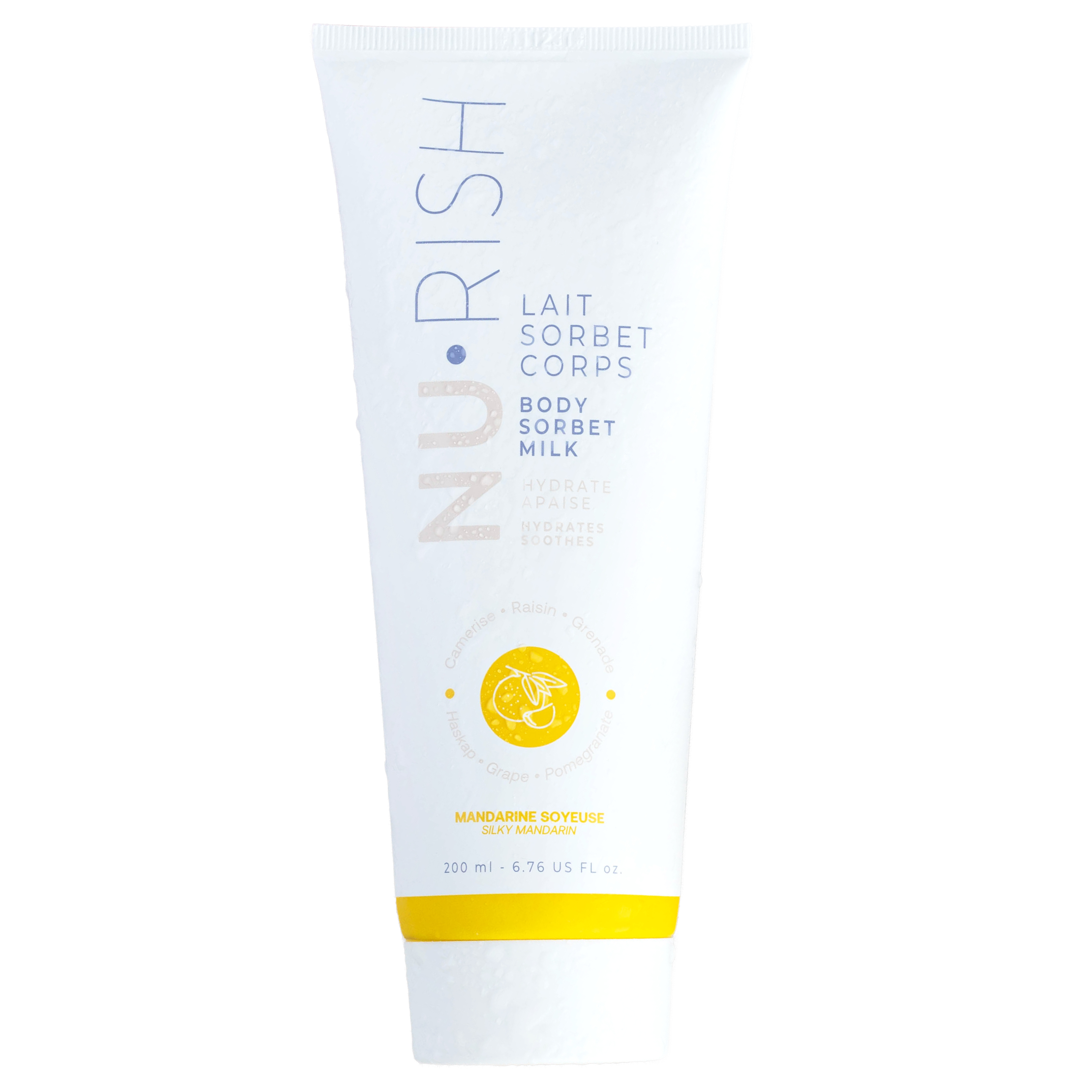 Lait sorbet corps NURISH, à 99,7% d'origine naturelle, cette crème hydratante hydrate et apaise les peaux fragiles et sèches. Body Sorbet Milk NURISH. With 99,7% ingredients of natural origin, this moisturizing cream hydrates and soothes fragile and dry skins.