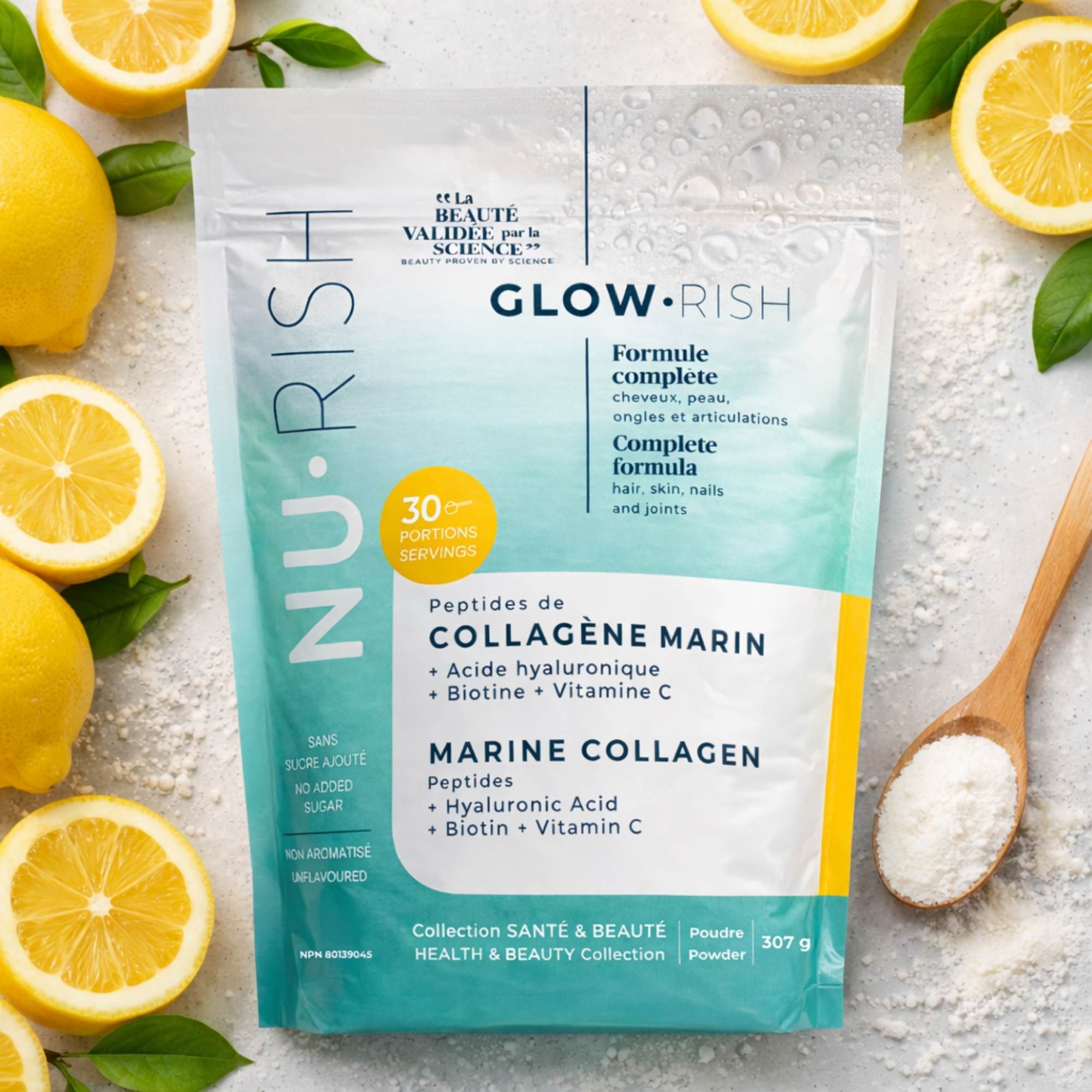 Sachet de collagène marin de la marque NURISH, entouré de citron.