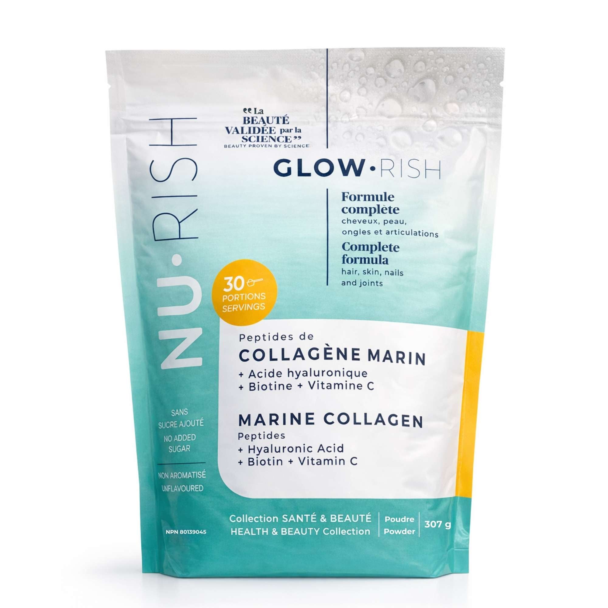 Sachet de collagène marin NU•RISH en poudre, avec acide hyaluronique, biotine et vitamine C, formule complète pour la peau, les ongles et les cheveux. NU•RISH marine collagen powder sachet, with hyaluronic acid, biotin, and vitamin C, complete formula for skin, nails, and hair.