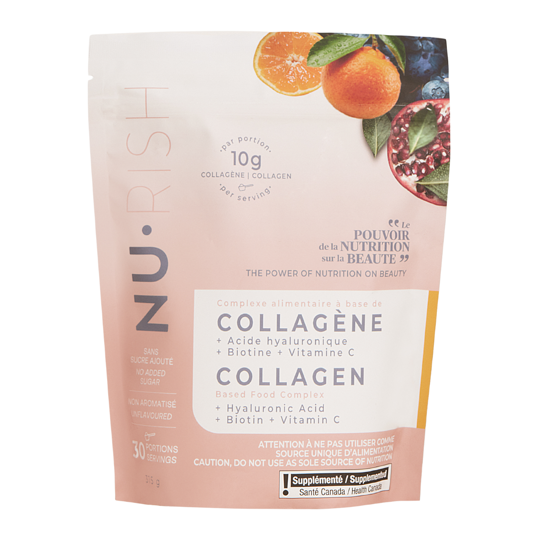 Sachet de collagène bovin NU•RISH en poudre, avec acide hyaluronique, biotine et vitamine C, formule complète pour la peau, les ongles et les cheveux. NU•RISH bovine collagen powder sachet, with hyaluronic acid, biotin, and vitamin C, complete formula for skin, nails, and hair.
