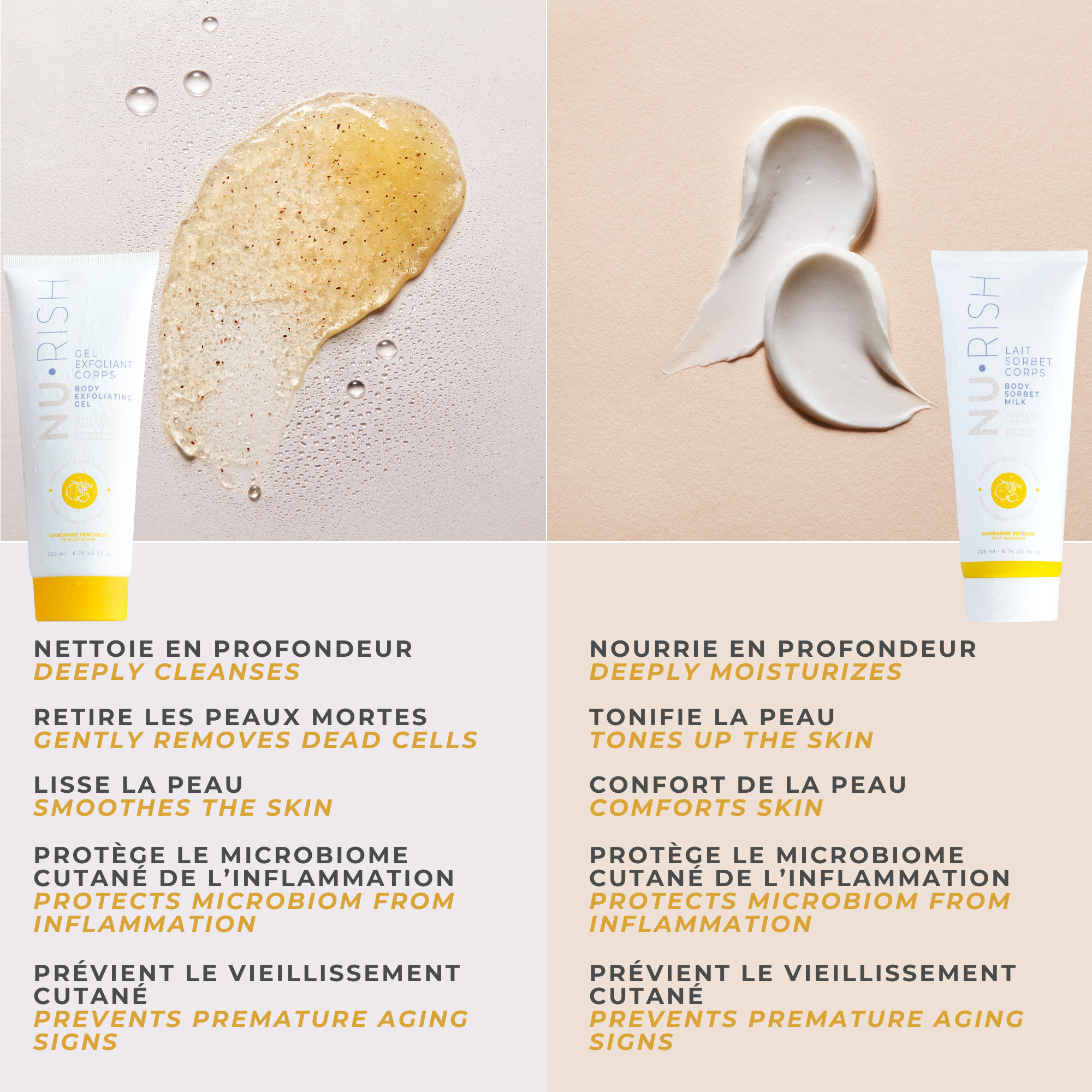 Texture de gel exfoliant NU•RISH avec grains exfoliants visibles et gouttelettes d’eau, illustrant une exfoliation douce et hydratante. Texture onctueuse du lait sorbet corps NU•RISH, crème hydratante à l’aspect lisse et soyeux pour nourrir la peau. NU•RISH exfoliating gel texture with visible exfoliating grains and water droplets, illustrating gentle, moisturizing exfoliation. NU•RISH body sorbet milk has a creamy texture and is a smooth and silky moisturizer that nourishes the skin.