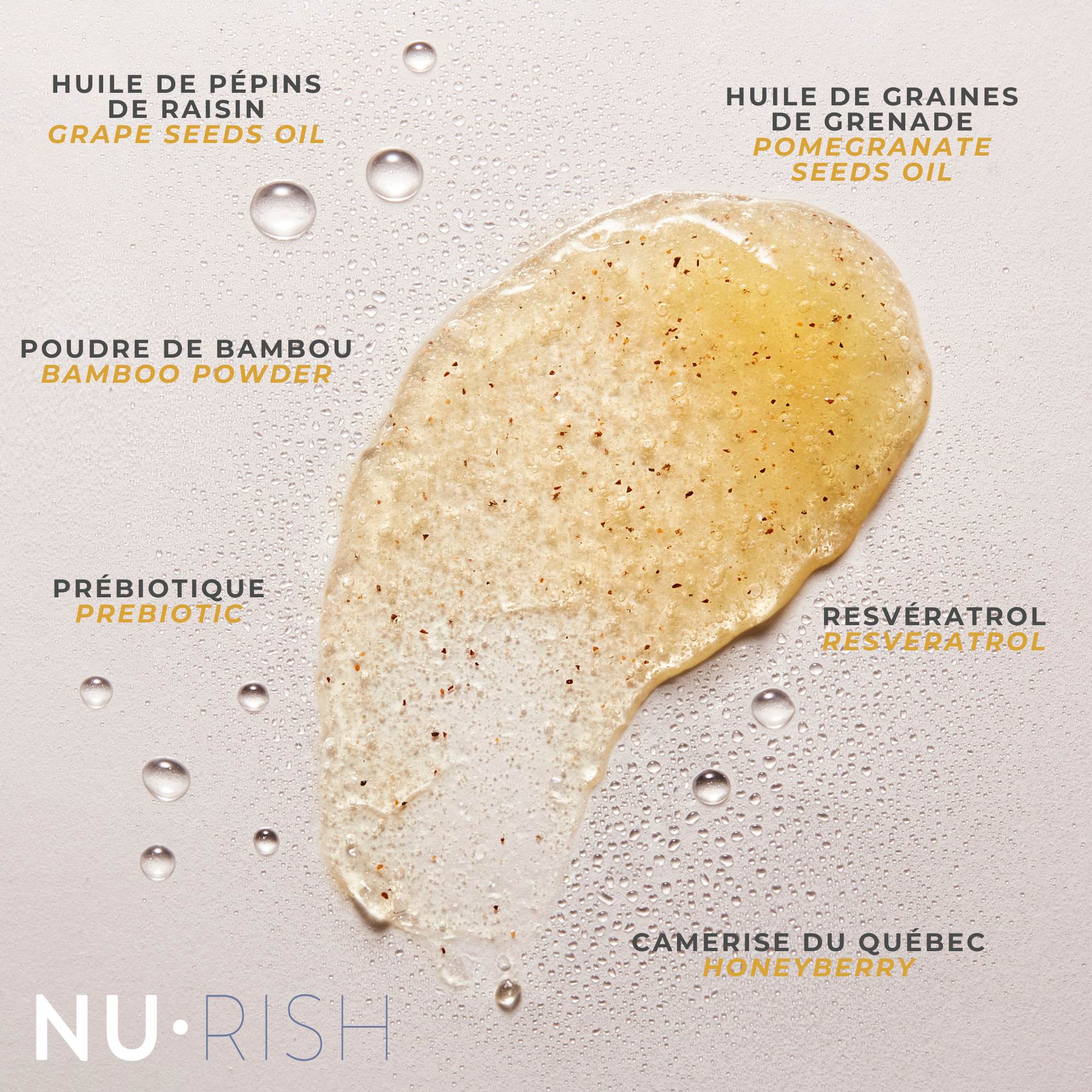 Ingrédients du gel exfoliant de la marque NURISH.