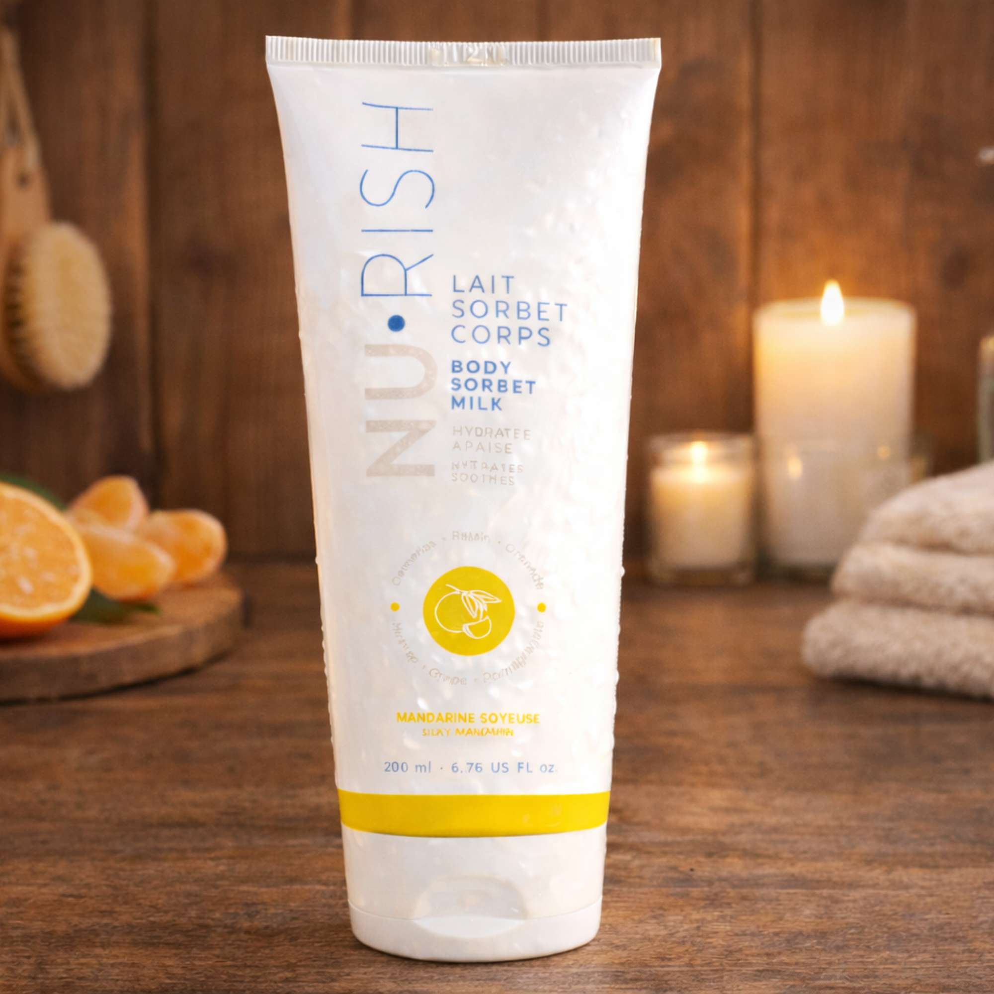 Lait Sorbet pour le corps de la marque NU•rRISH, dans un décor de salle de bain en bois.NU•rRISH brand body sorbet milk, in a wooden bathroom setting.