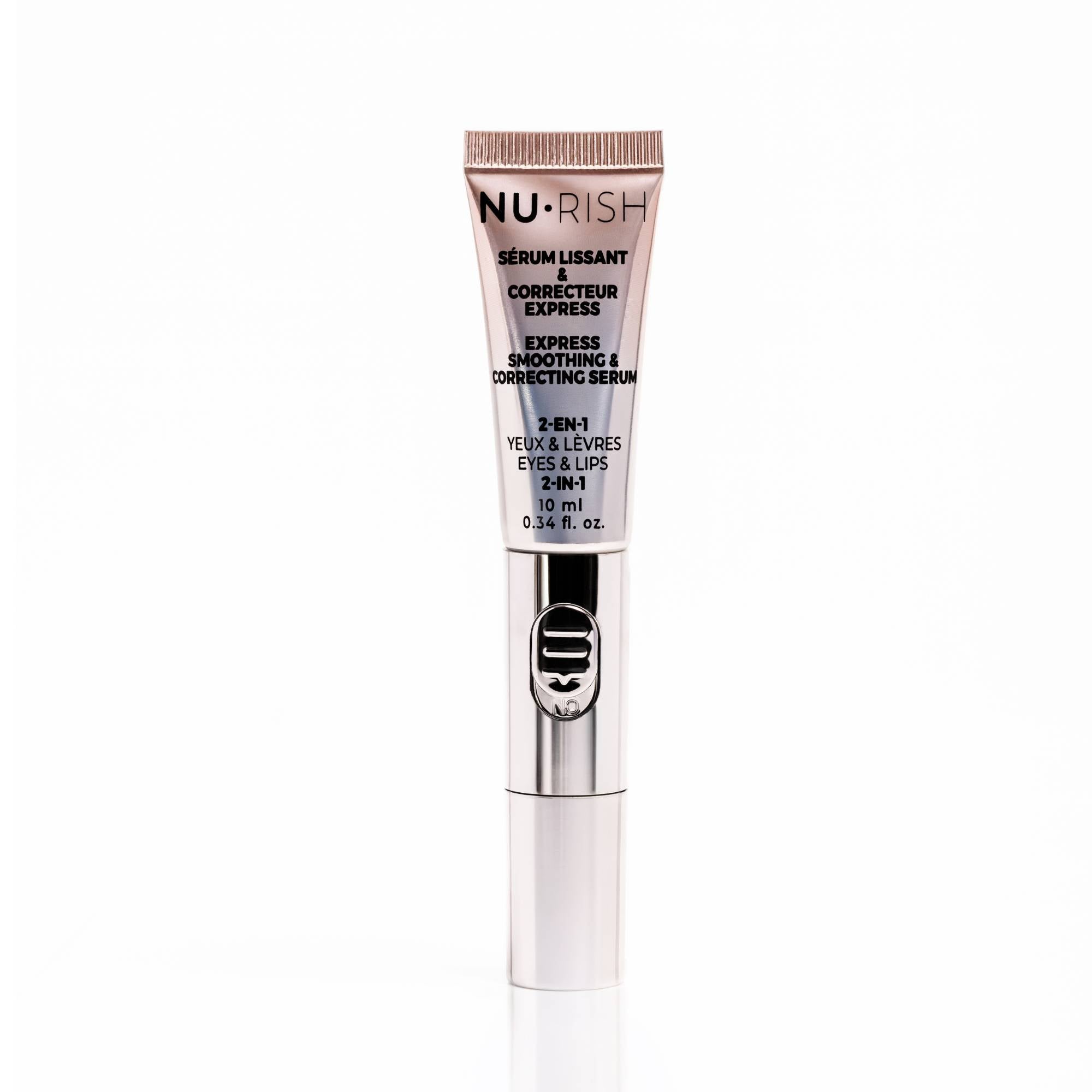 Sérum lissant et correcteur express 2-en-1 NU•RISH pour les yeux et les lèvres, tube de 10 ml au fini argenté. NU•RISH 2-in-1 express smoothing and correcting serum for eyes and lips, 10 ml tube with silver finish.