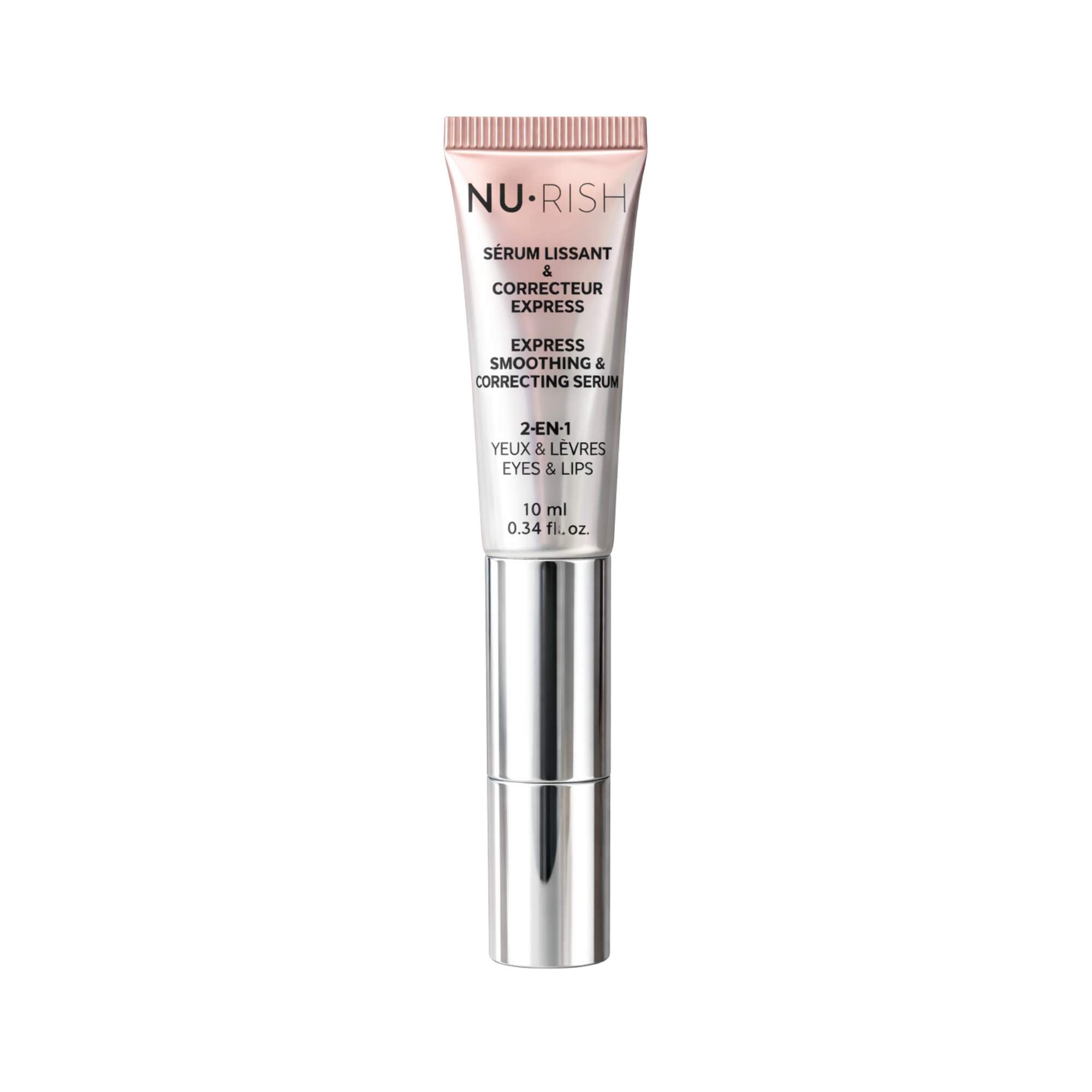 Sérum lissant et correcteur express 2-en-1 NU•RISH pour les yeux et les lèvres, tube de 10 ml au fini argenté. NU•RISH 2-in-1 express smoothing and correcting serum for eyes and lips, 10 ml tube with silver finish.