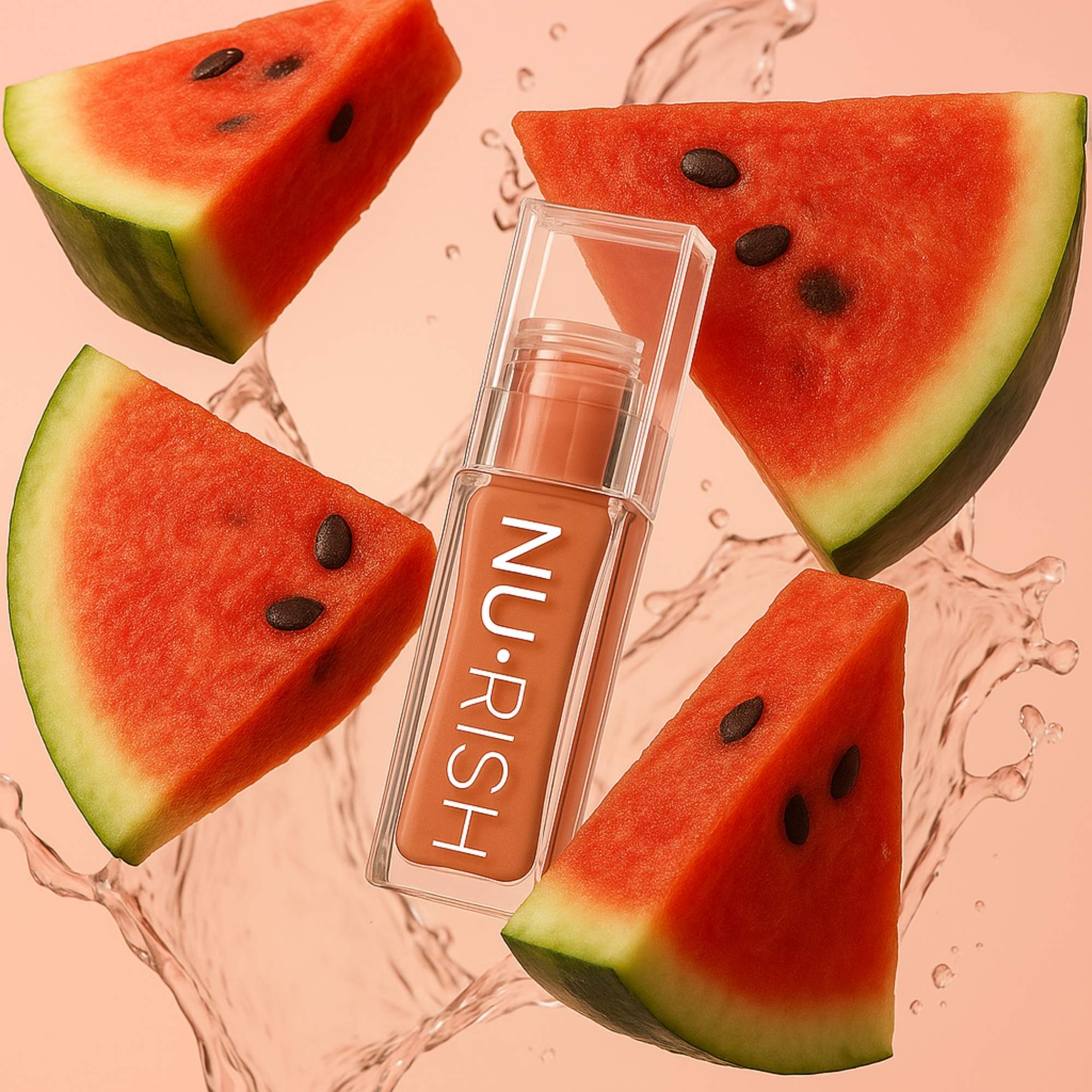 Huile à lèvres NU•RISH entourée de tranches de pastèque sur fond clair. NU•RISH lip oil surrounded by slices of watermelon on a light background. 