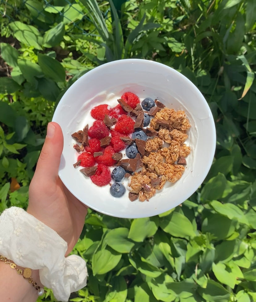 Bol de yogourt garni de framboises, bleuets, granola et chocolat. Bowl of yogurt topped with raspberries, blueberries, granola, and chocolate.