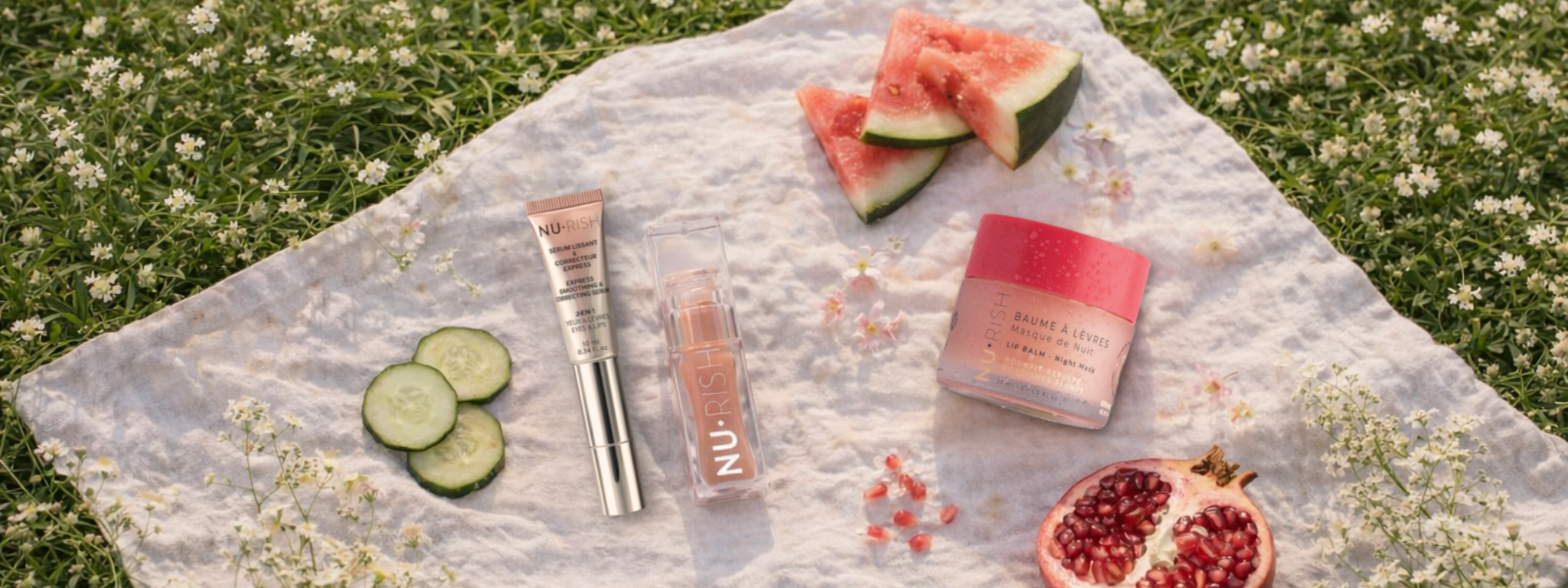 Photo en vue du dessus d’une mise en scène printanière : sur une nappe blanche texturée posée sur de l’herbe fleurie, trois produits NU•RISH sont disposés (sérum contour yeux et lèvres, huile à lèvres et baume à lèvres). Autour, des tranches de concombre, de pastèque et une grenade ouverte avec ses grains, dans une lumière naturelle douce évoquant la fraîcheur et la saison printanière.