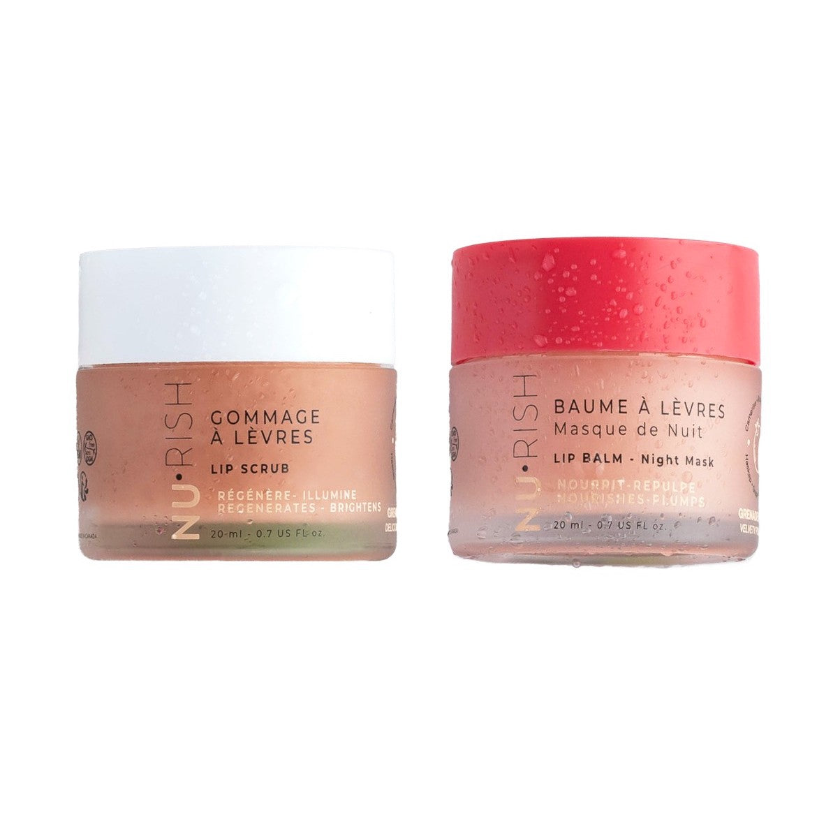 Duo soins des lèvres NU•RISH comprenant un gommage à lèvres exfoliant et un baume à lèvres masque de nuit nourrissant et repulpant. NU•RISH lip care duo including an exfoliating lip scrub and a nourishing and plumping overnight lip mask balm.