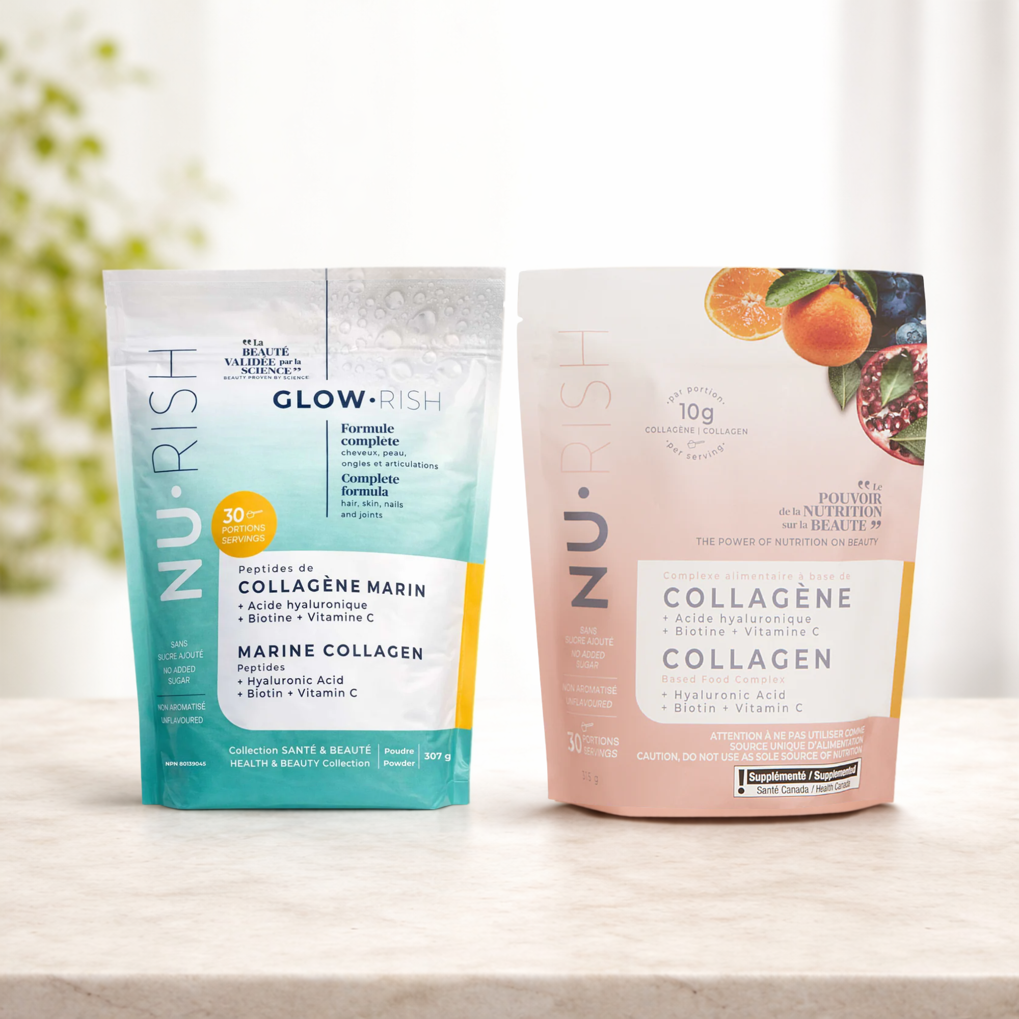 Sachets de collagène NU•RISH en poudre, formule complète avec acide hyaluronique, biotine et vitamine C, versions collagène bovin et collagène marin. NU•RISH collagen powder sachets, complete formula with hyaluronic acid, biotin, and vitamin C, bovine collagen and marine collagen versions.