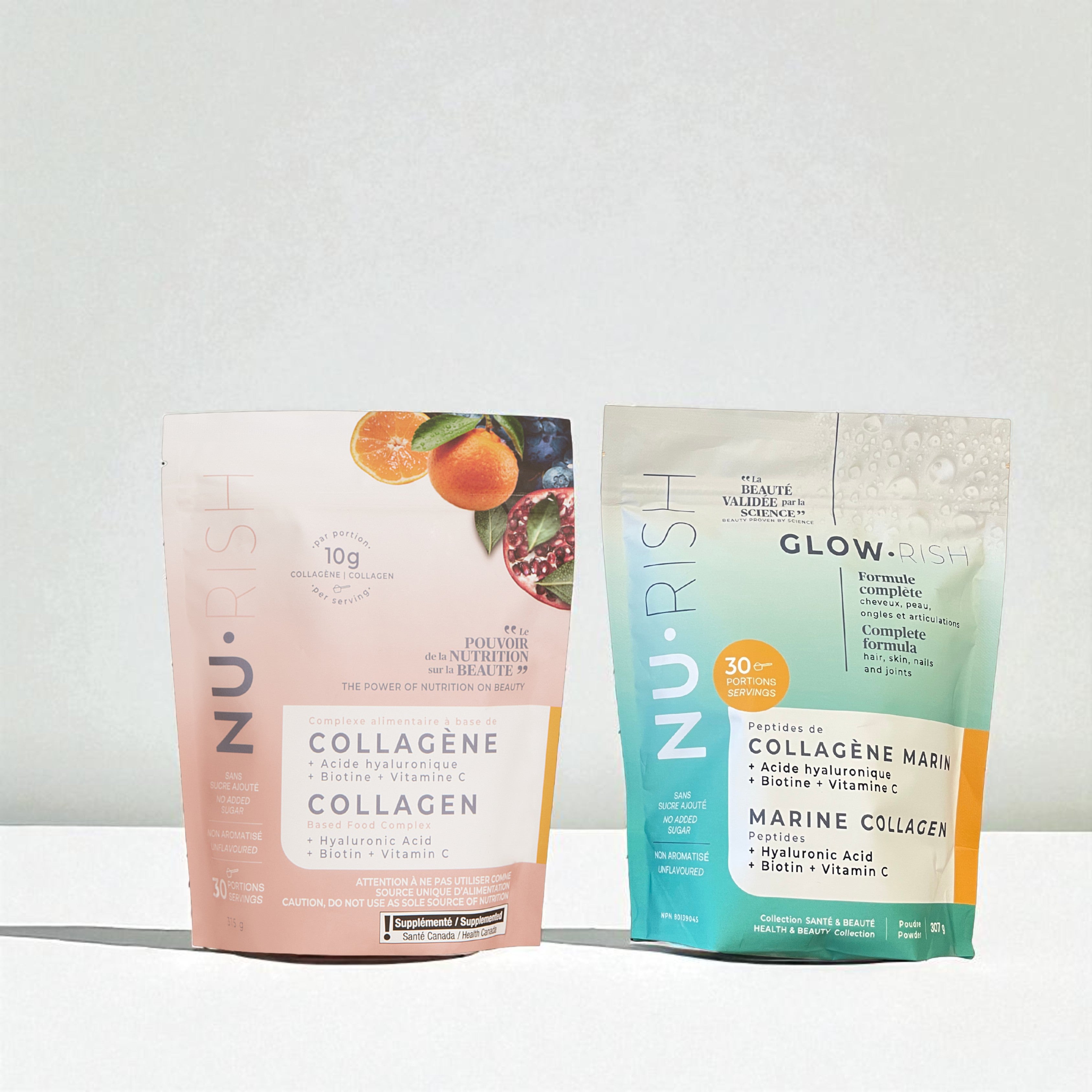 Sachets de collagène NU•RISH en poudre, formule complète avec acide hyaluronique, biotine et vitamine C, versions collagène bovin et collagène marin. NU•RISH collagen powder sachets, complete formula with hyaluronic acid, biotin, and vitamin C, bovine collagen and marine collagen versions.