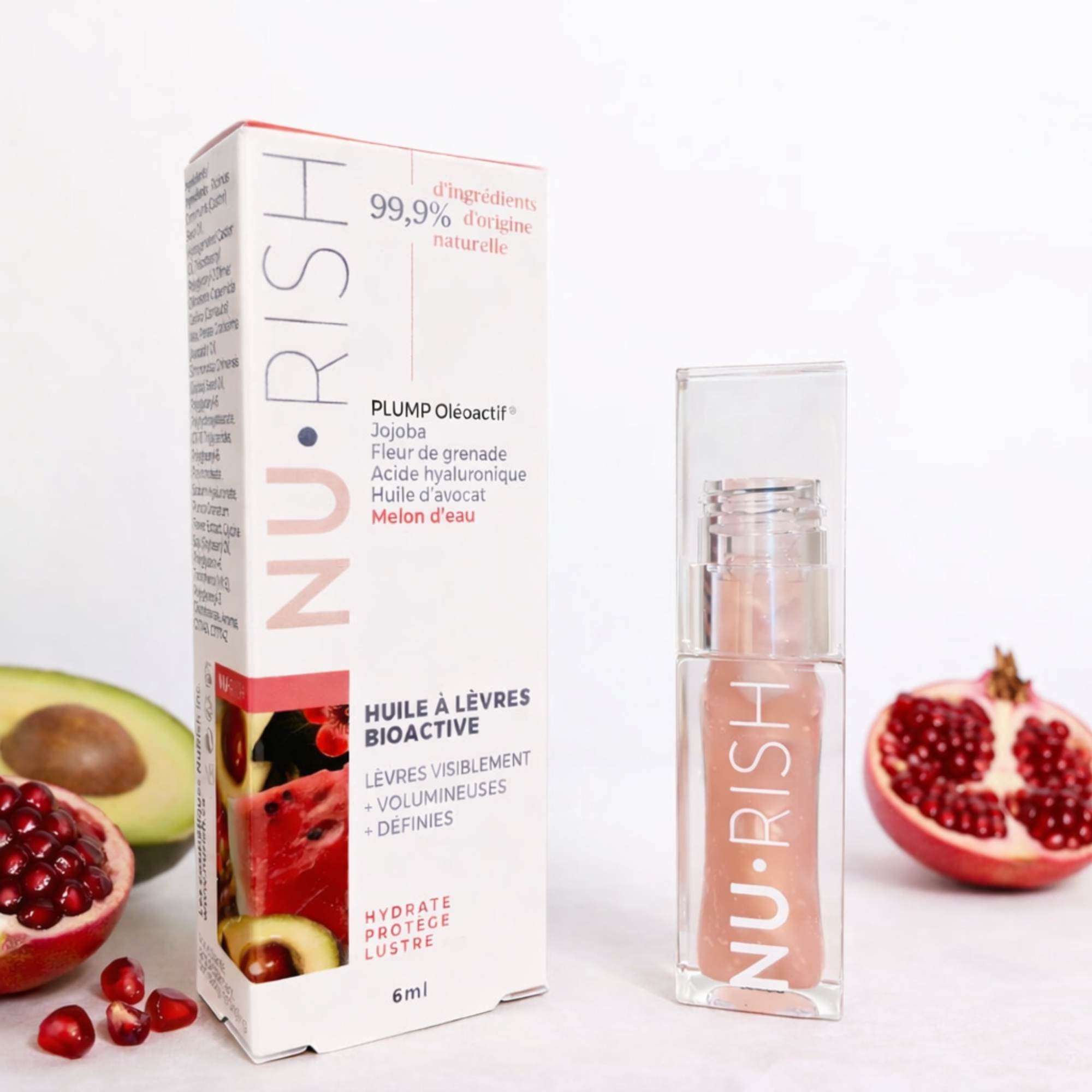 Huile à lèvres bioactive NU•RISH melon d’eau, flacon 6 ml avec boîte, formulée avec ingrédients d’origine naturelle pour hydrater, protéger et repulper les lèvres. NU•RISH Watermelon Bioactive Lip Oil, 6 ml bottle with box, formulated with natural ingredients to moisturize, protect, and plump lips.