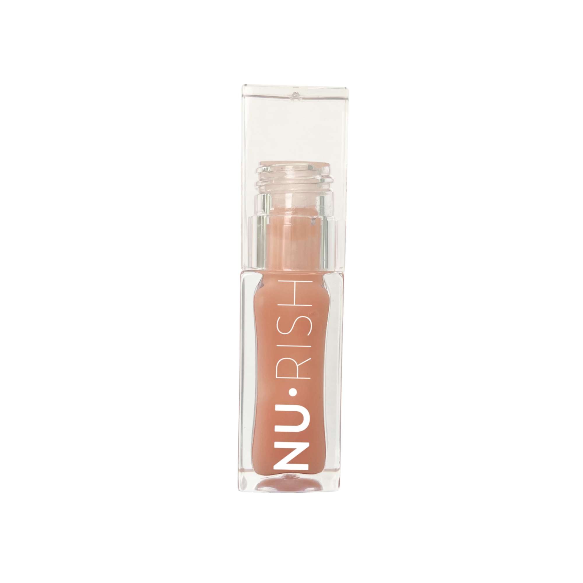 Huile à lèvres NU•RISH bioactive en flacon transparent, soin hydratant et repulpant pour des lèvres lisses, brillantes et confortables. NU•RISH bioactive lip oil in a transparent bottle, a moisturizing and plumping treatment for smooth, shiny, and comfortable lips.