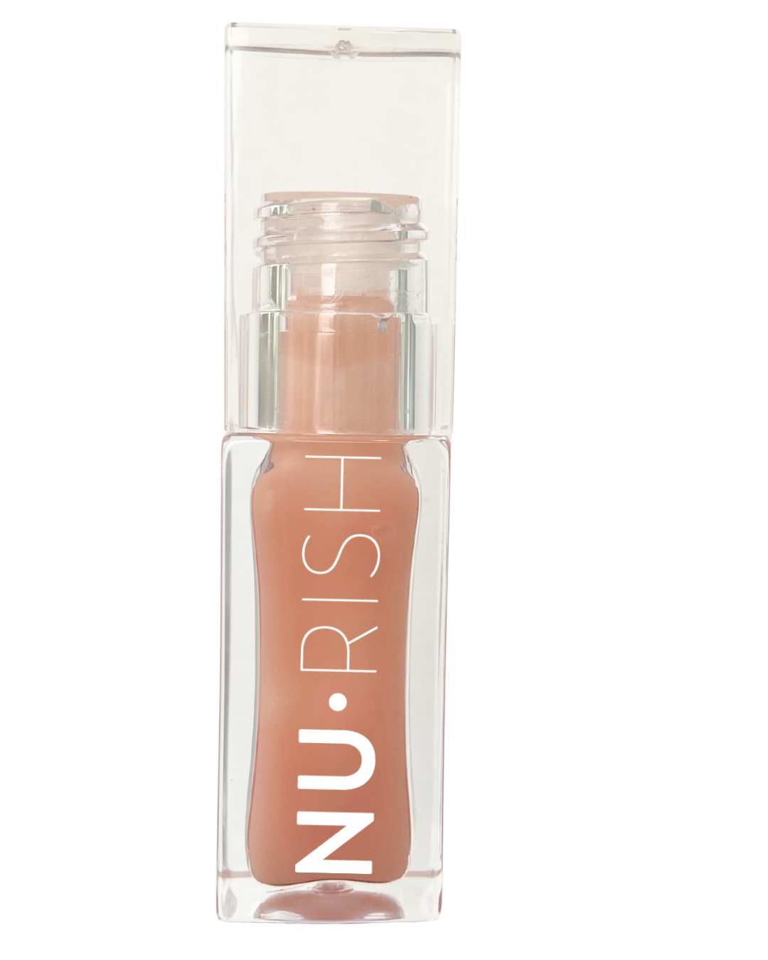 Huile à lèvres NU•RISH bioactive en flacon transparent, soin hydratant et repulpant pour des lèvres lisses, brillantes et confortables. NU•RISH bioactive lip oil in a transparent bottle, a moisturizing and plumping treatment for smooth, shiny, and comfortable lips.