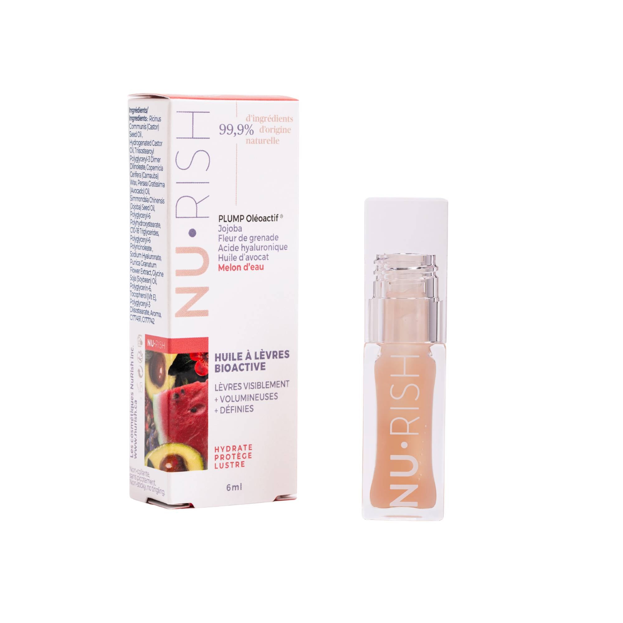 Huile à lèvres bioactive NU•RISH avec son emballage blanc, présentée à côté du flacon transparent. Le produit met de l’avant une formule à 99,9 % d’ingrédients d’origine naturelle, au parfum melon d’eau, pour des lèvres hydratées, protégées et lustrées.