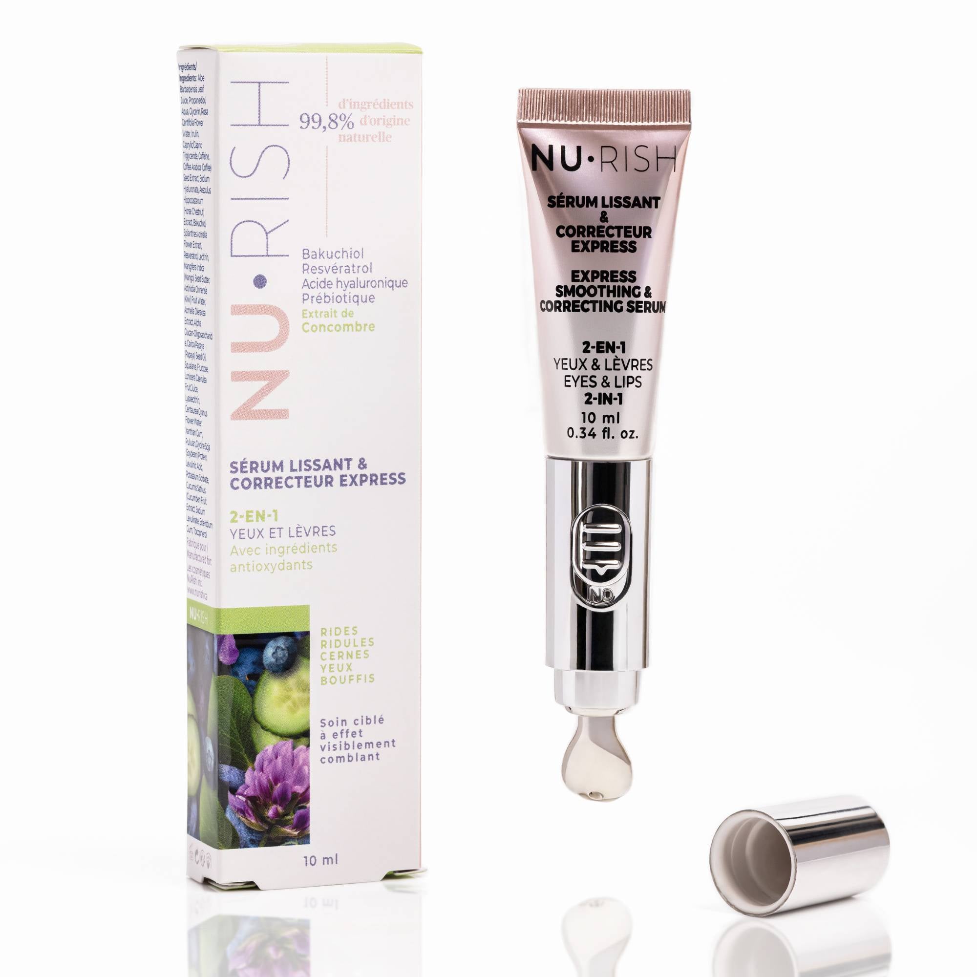 Sérum lissant et correcteur express 2-en-1 NU•RISH pour les yeux et les lèvres, présenté avec son emballage blanc et vert. Le tube métallique est accompagné de son embout applicateur, conçu pour un soin ciblé à effet visiblement comblant.